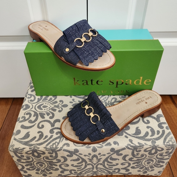 kate spade Shoes - Kate Spade  Denim Navy Fringe Slide Sandals Sz 8M